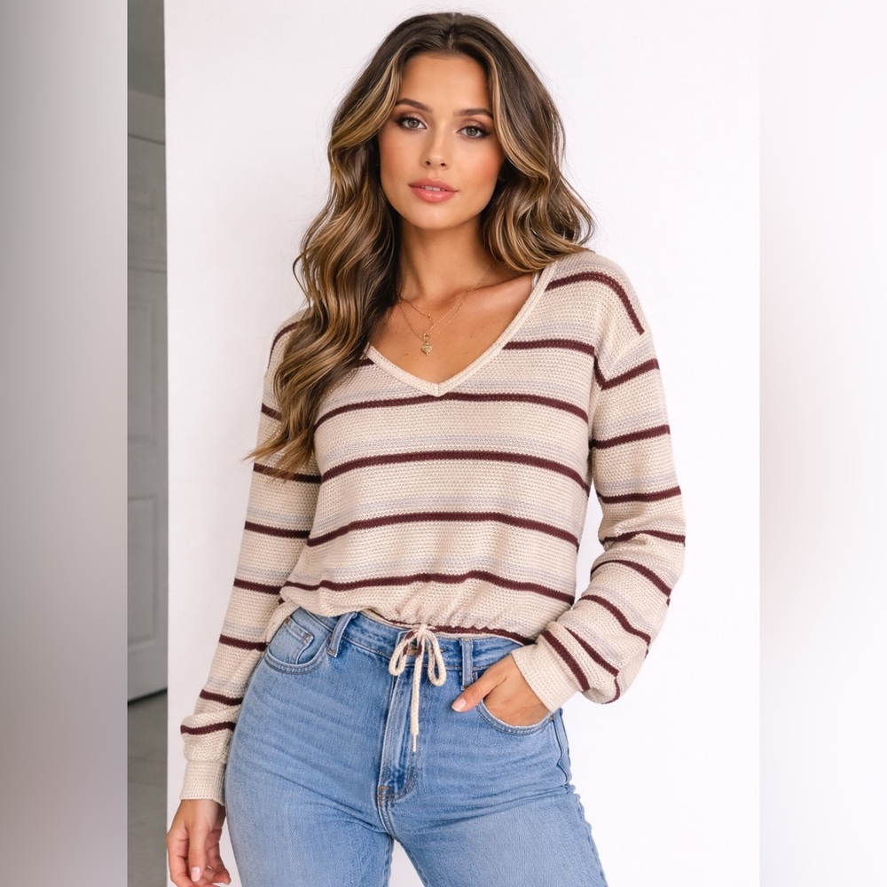 Wild Love Striped V-Neck Drawstring Pullover Top